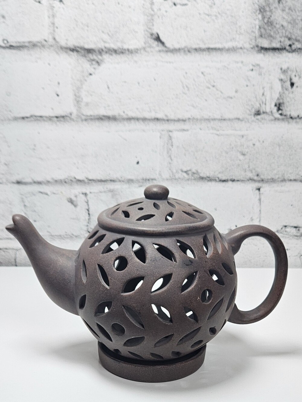 Vintage Pierced Ceramic Teapot Candle Holder Tealight Warmer Brown